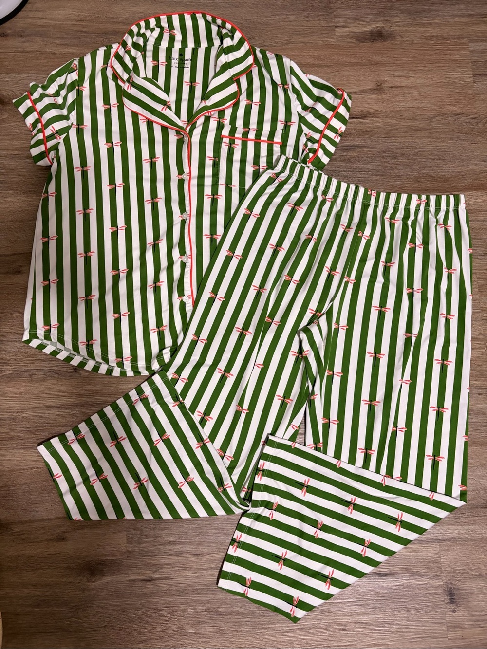 kate spade Green and White Striped Pajama Set with Pink Trim